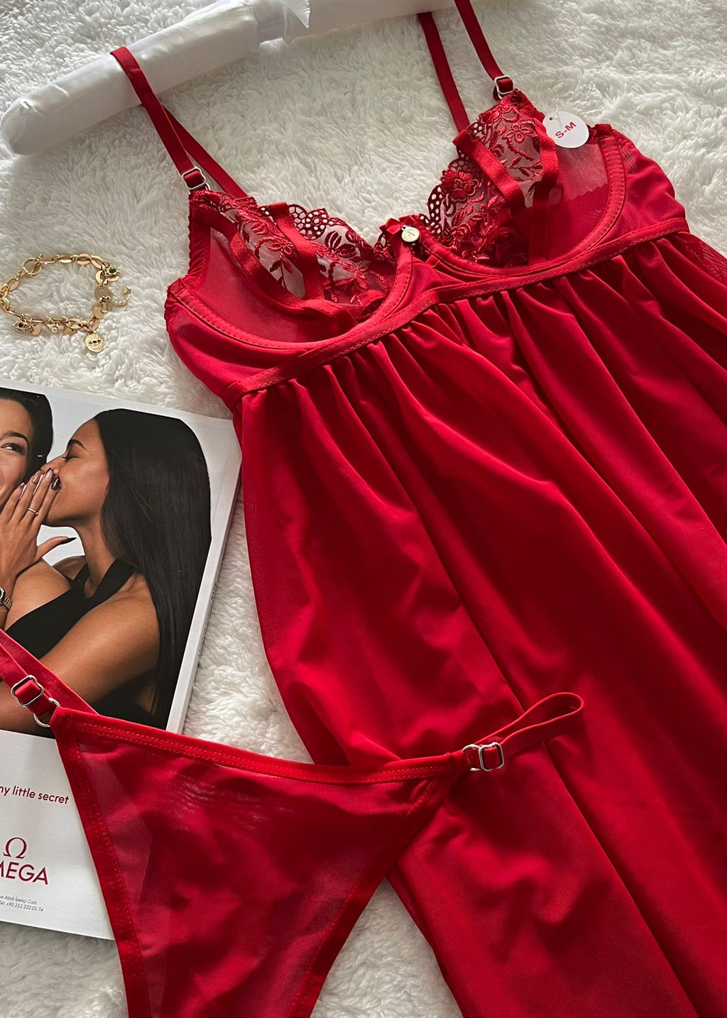 Tül Balenli Gecelik Kırmızı